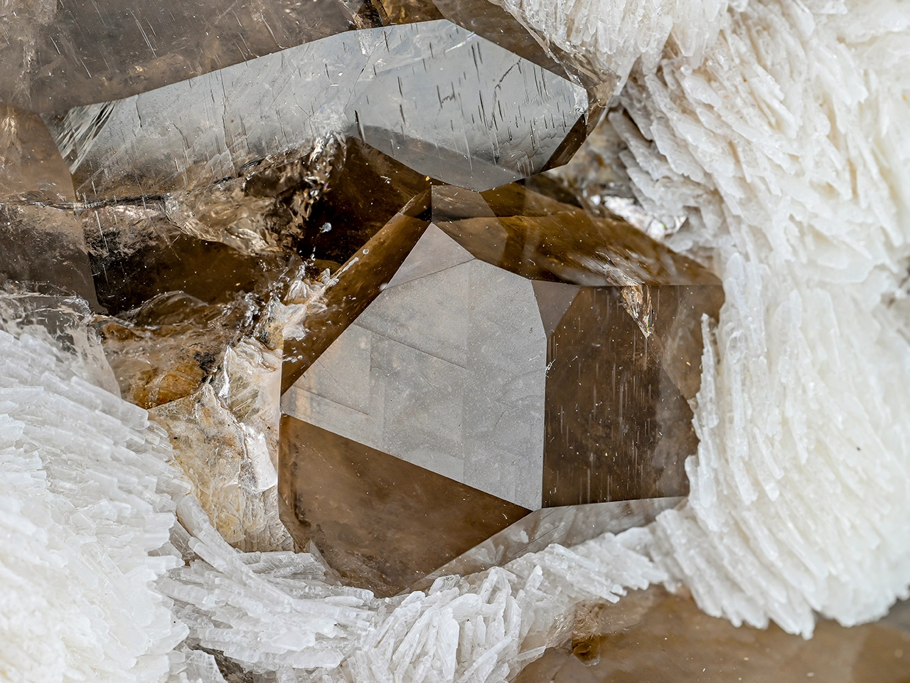 Smoky Quartz with Topaz and Fluorite on Cleavelandite