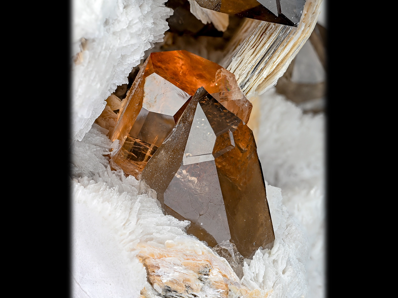 Smoky Quartz with Topaz and Fluorite on Cleavelandite