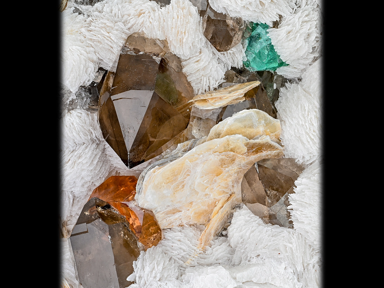 Smoky Quartz with Topaz and Fluorite on Cleavelandite