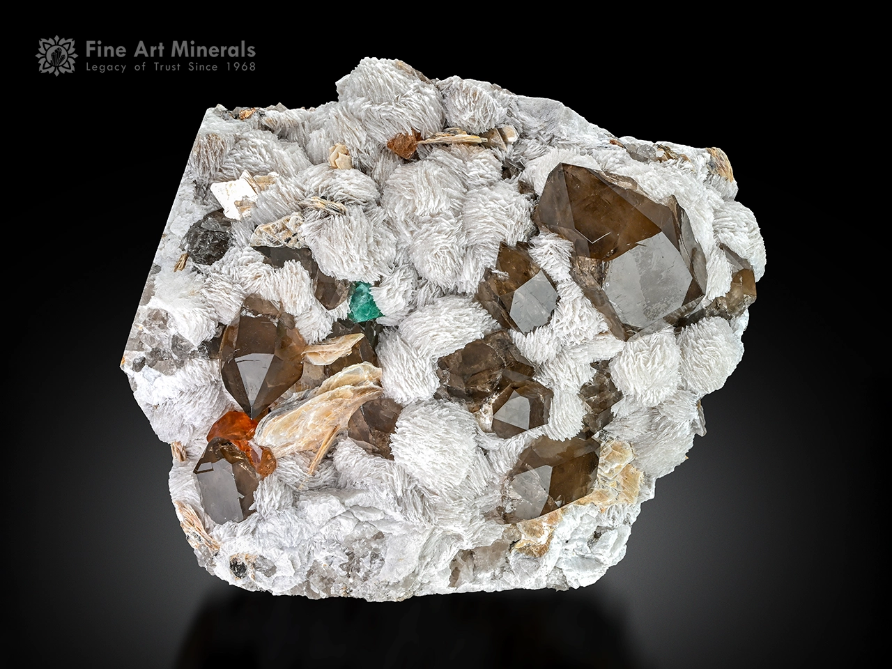 Smoky Quartz with Topaz and Fluorite on Cleavelandite